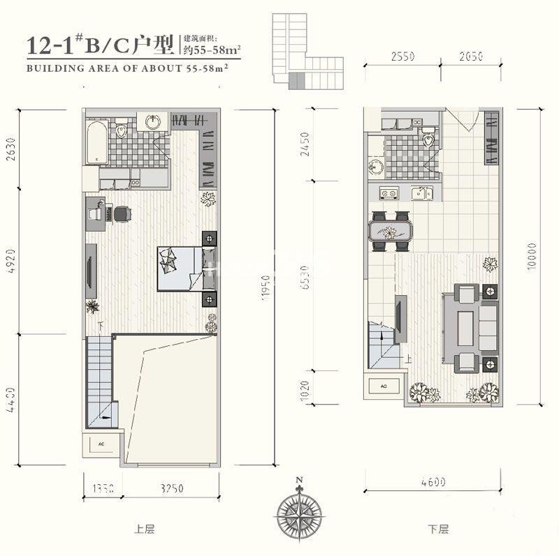 太奥国际城12-1#楼B/C户型1室1厅2卫1厨 55.00㎡