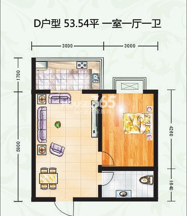 东城翡翠湾1,2#楼d户型一室一厅一厨一卫 53.54平