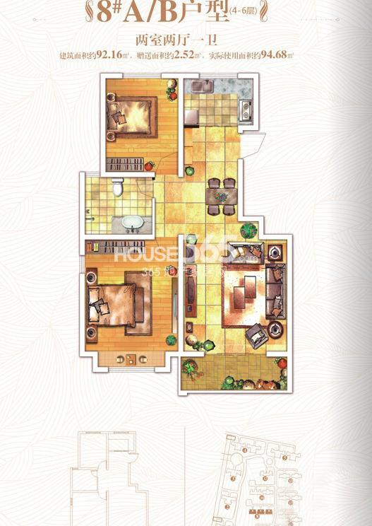 金色家園8#樓a/b(4-6層)戶型2室2廳1廚1衛 92.16㎡